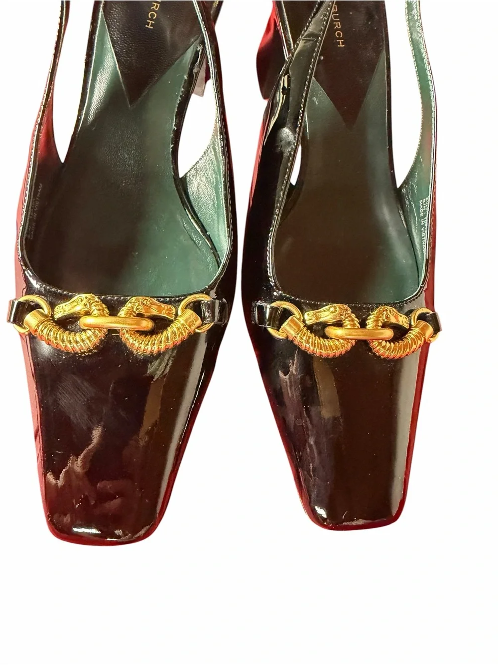 Tory Burch Jessa Slingback Pumps Black Patent Leather Gold Horsebit Size 9.5